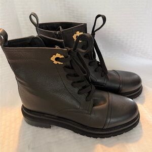Like New Ted Baker Black Leather Boots with Gold Emblems